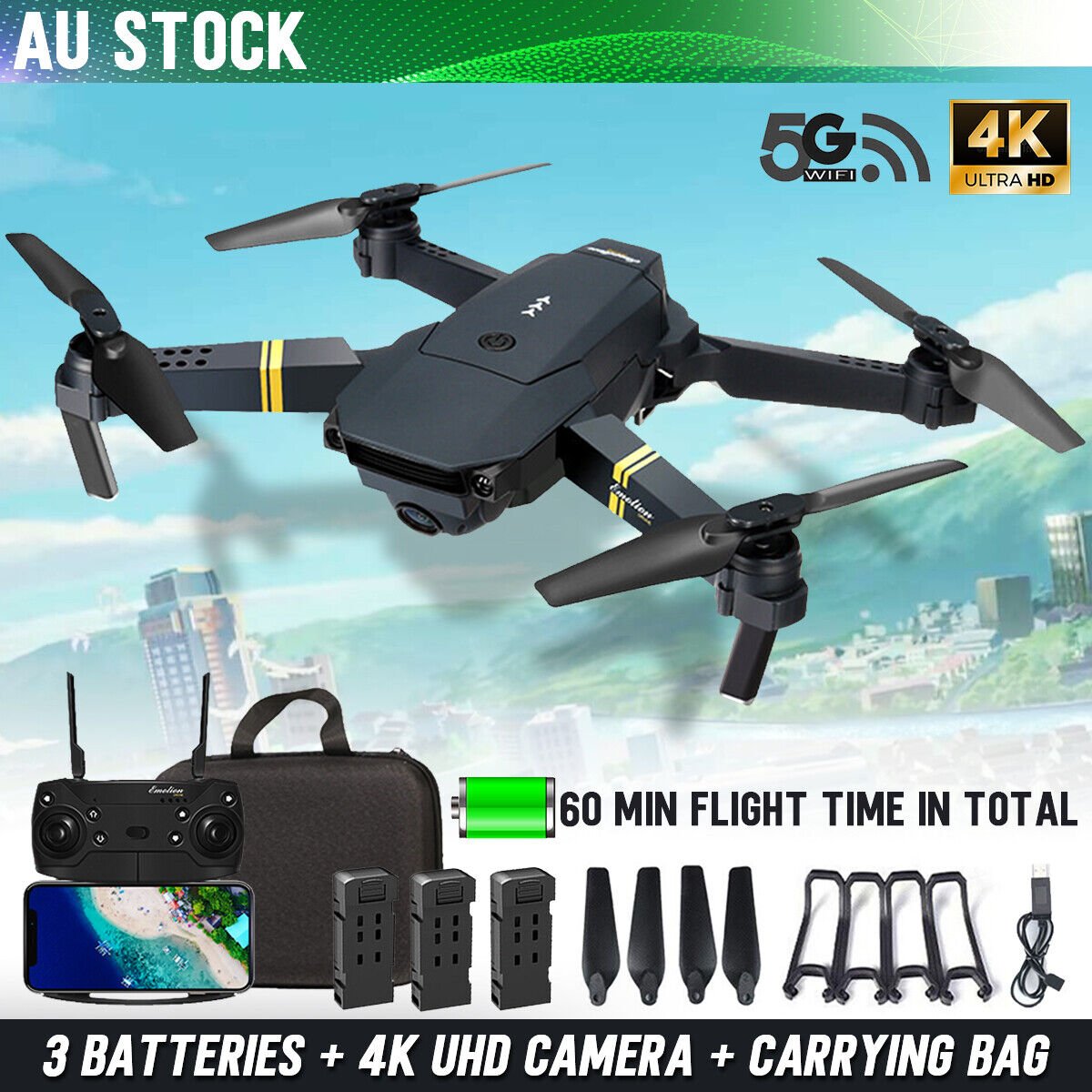 Long Range Australian Flying Drone with 4K Camera 3x Batteries Kit