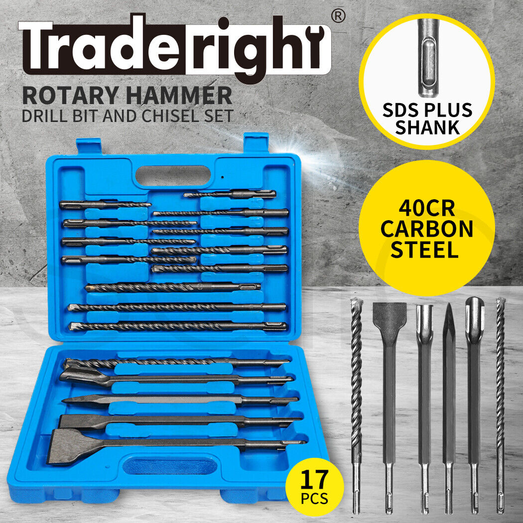 Traderight Drill Bits Set Chisel SDS Plus Rotary Hammer Masonry Concrete 17PCS