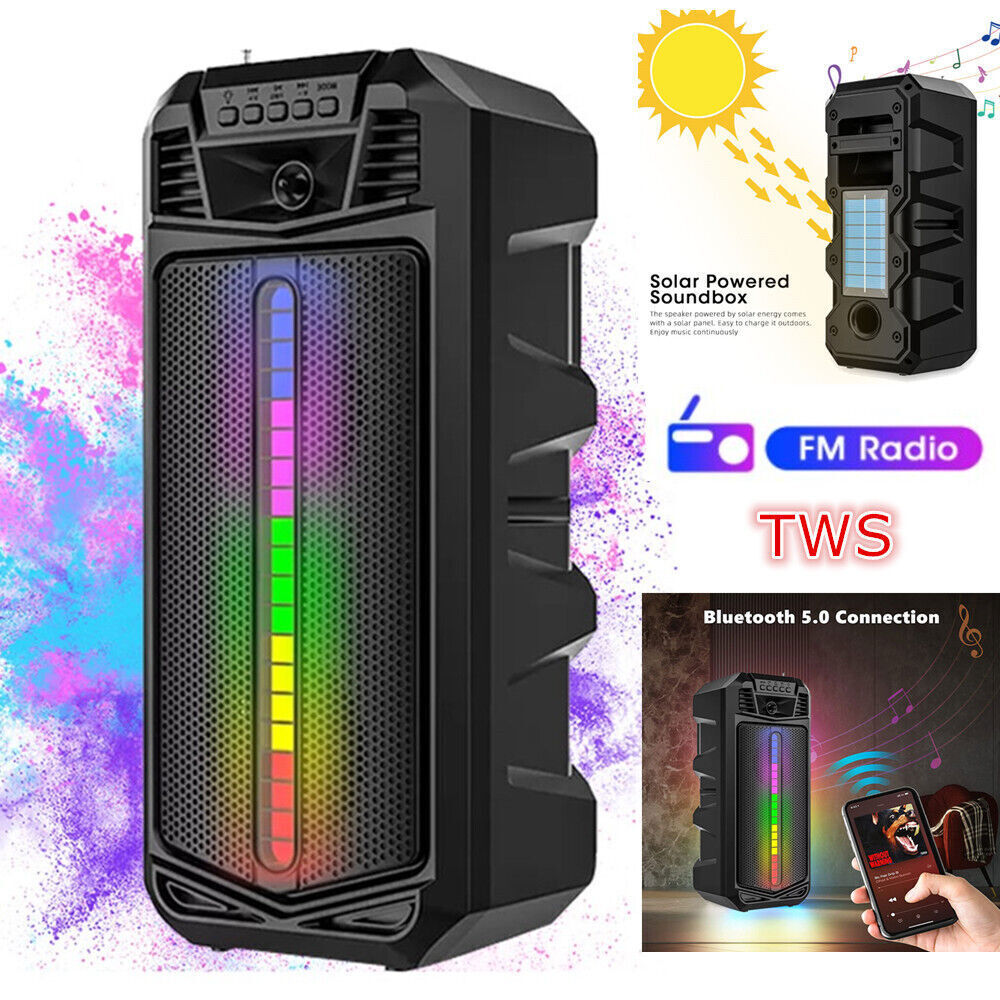 Solar Portable FM Bluetooth Speaker Subwoofer Heavy Bass Sound System Party TWS