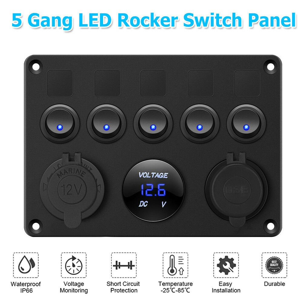 5 Gang 12V Switch Control Panel USB Charger ON-OFF Toggle for Truck Marine Boat