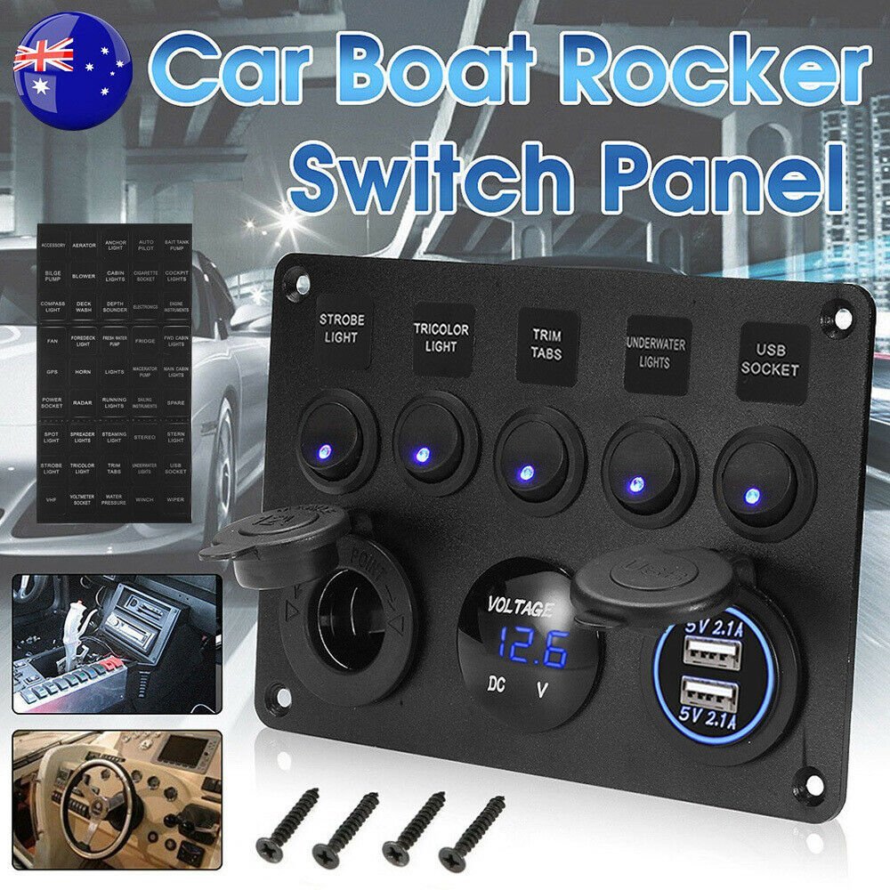 5 Gang 12V Switch Control Panel USB Charger ON-OFF Toggle for Truck Marine Boat