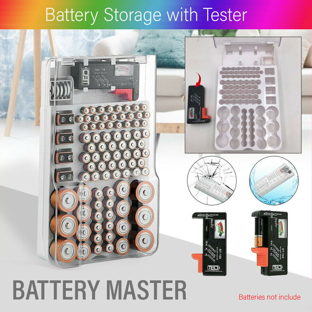 93 Slot Battery Storage Organizer Holder with Tester-Battery Caddy Rack Case Box