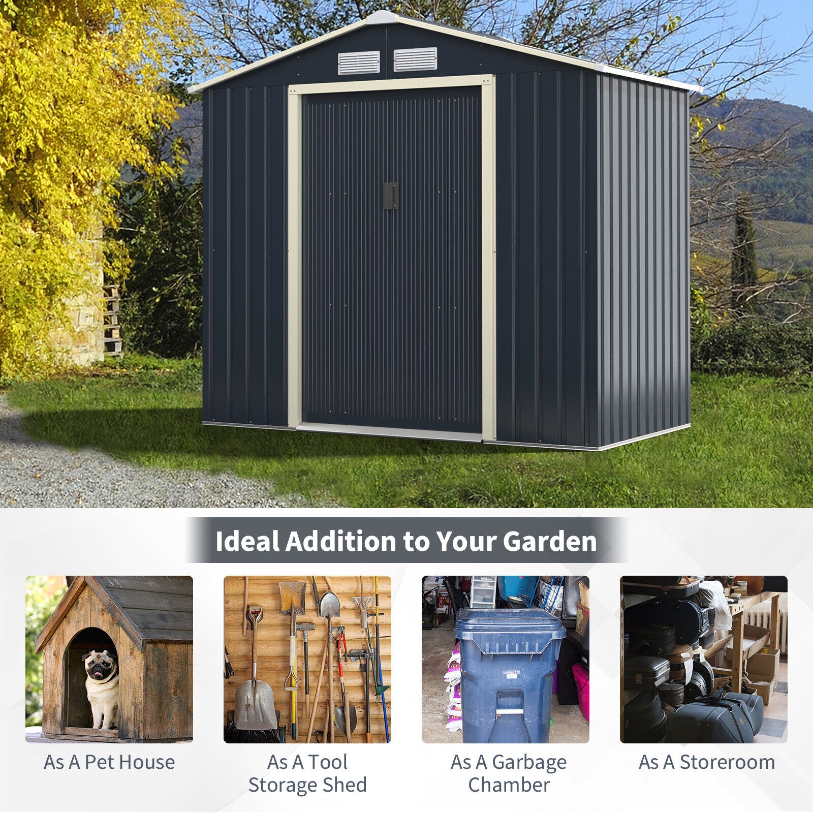Metal Storage Shed for Garden and Tools w/Sliding Double Lockable Doors