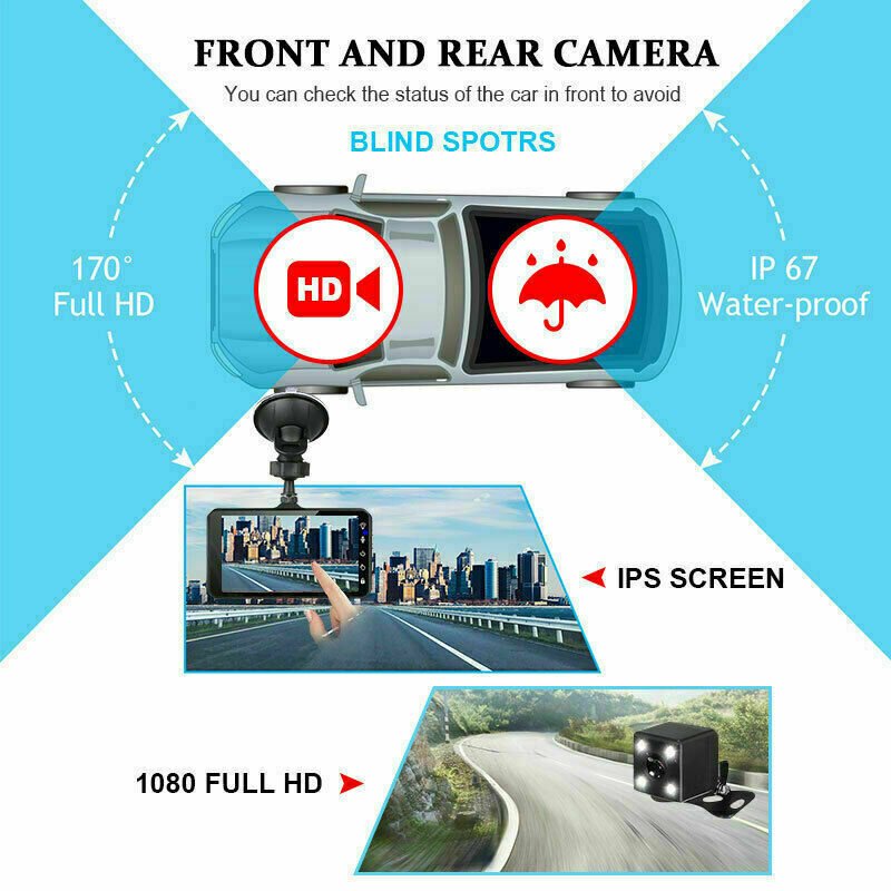 Car Dash Cam with Touchscreen & Rear Camera Distance Sensors Full HD