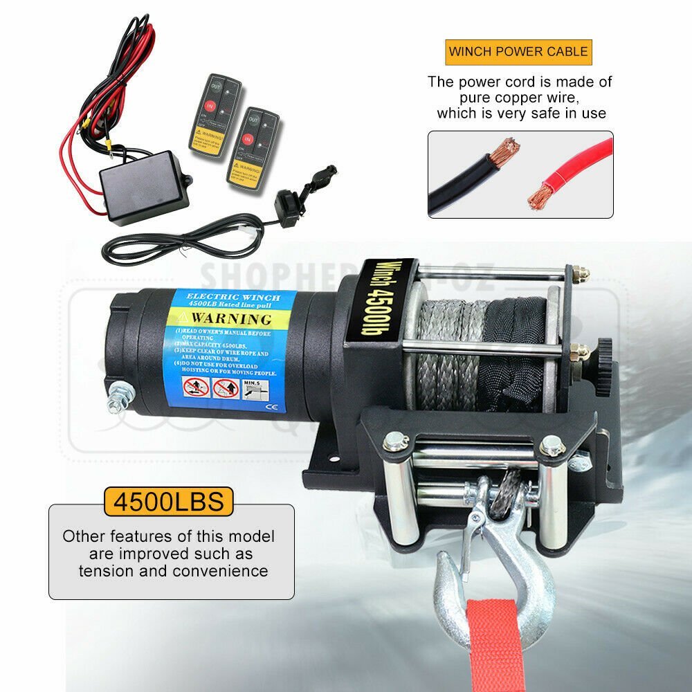 Electric Winch 12V 4500LBS 2041kg Wireless Remote Synthetic Rope ATV Boat Car
