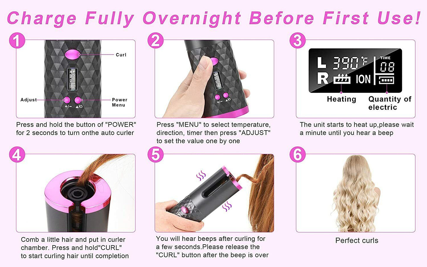 Cordless Hair Curler LCD Cordless Auto Rotating in Ceramic