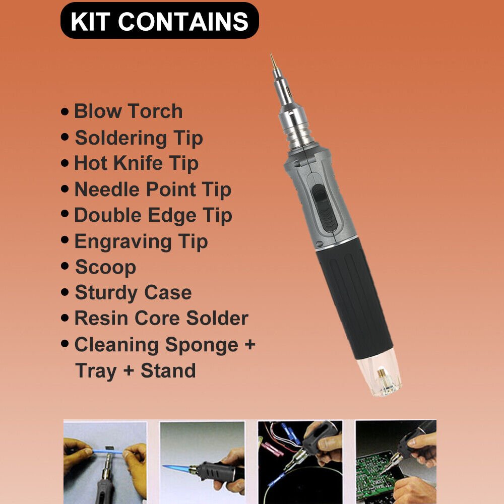 Soldering Iron Set 26ml Welding Kit Torch HS-1115K 10 in 1 Pen Style Butane Gas