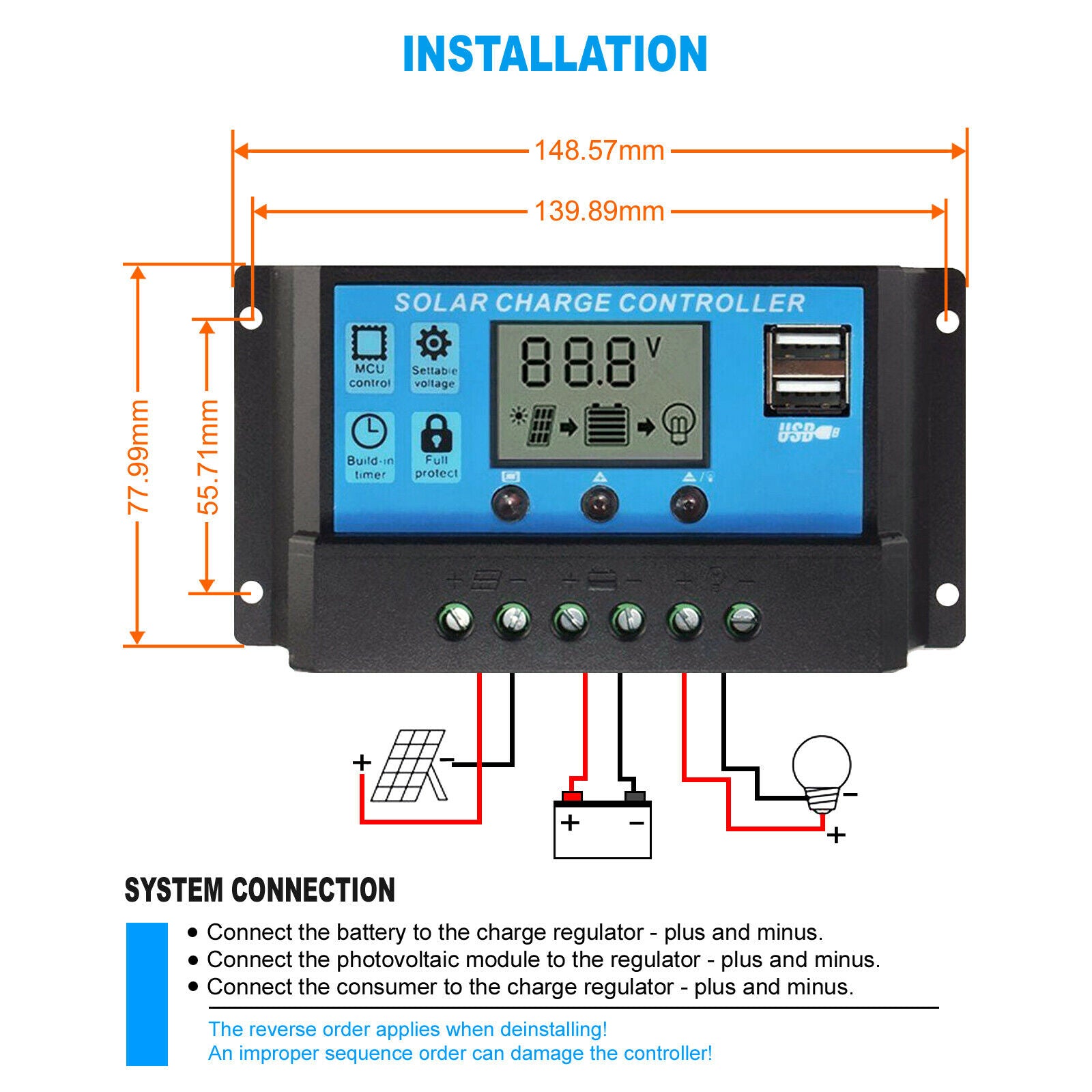 Solar Panel Regulator Charge Controller - 10/20/30A / Amp 12V/24V
